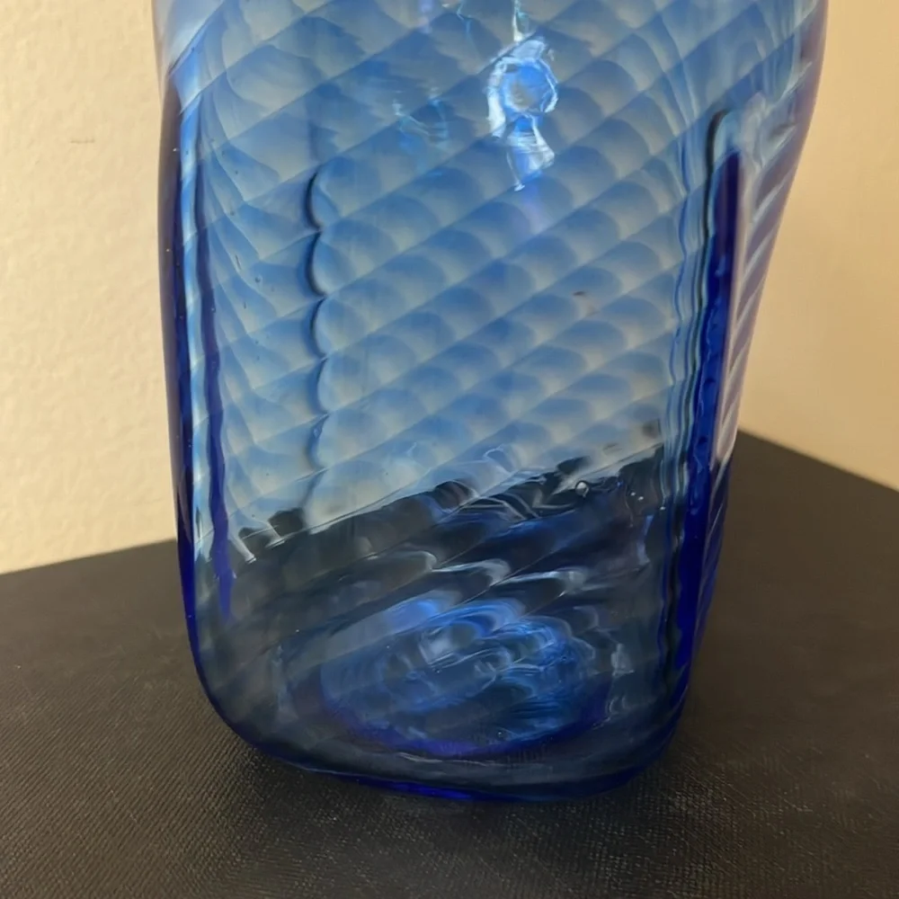 Handmade Blue Optic Squared Glass Tumbler Signed‎ Dated 17